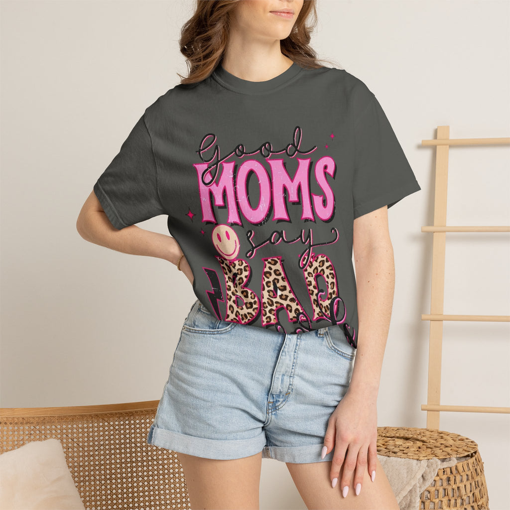 Good Moms Say Bad Words T-Shirt — Funny Mom Tee with Leopard Print & Smiley Back