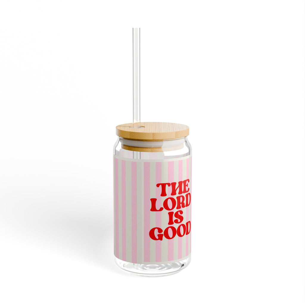 16oz Sipper Glass - 'The Lord Is Good' Pink Striped Bamboo Lid Tumbler