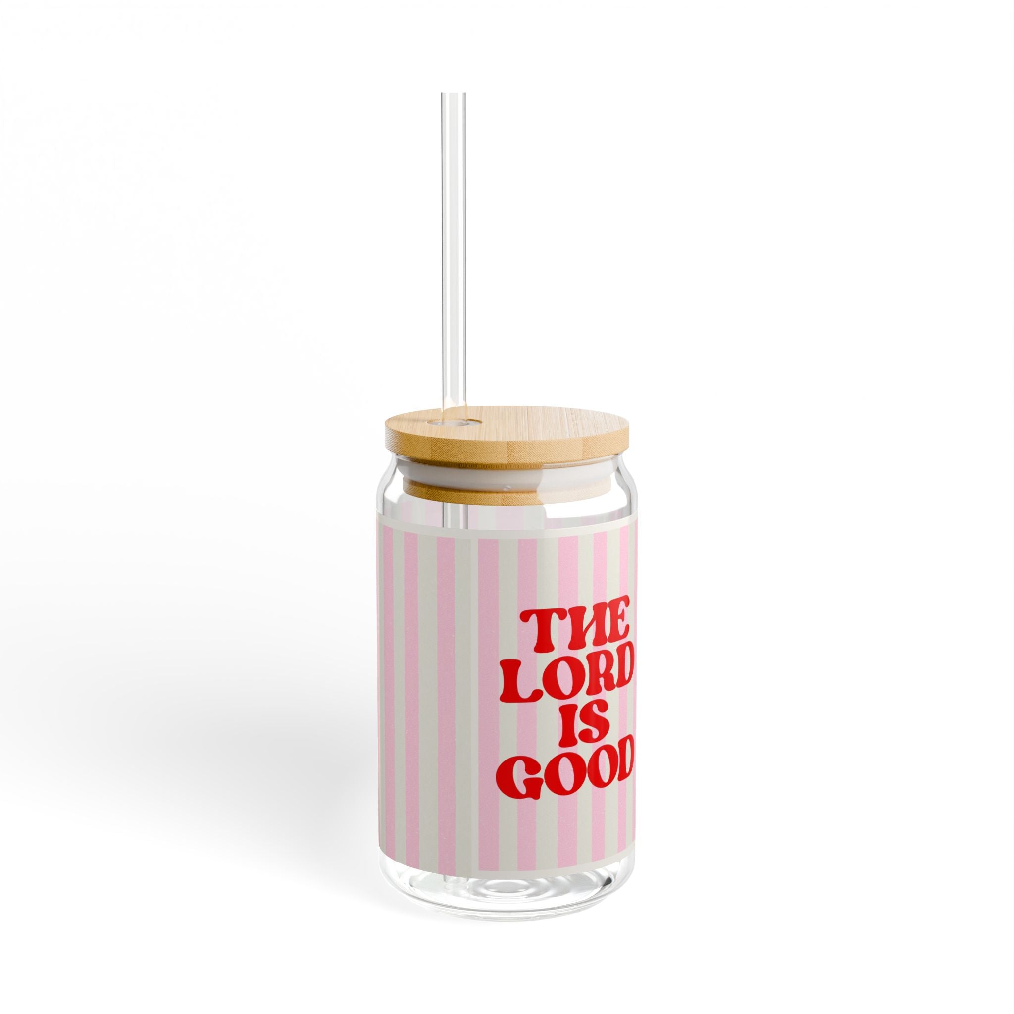 16oz Sipper Glass - 'The Lord Is Good' Pink Striped Bamboo Lid Tumbler