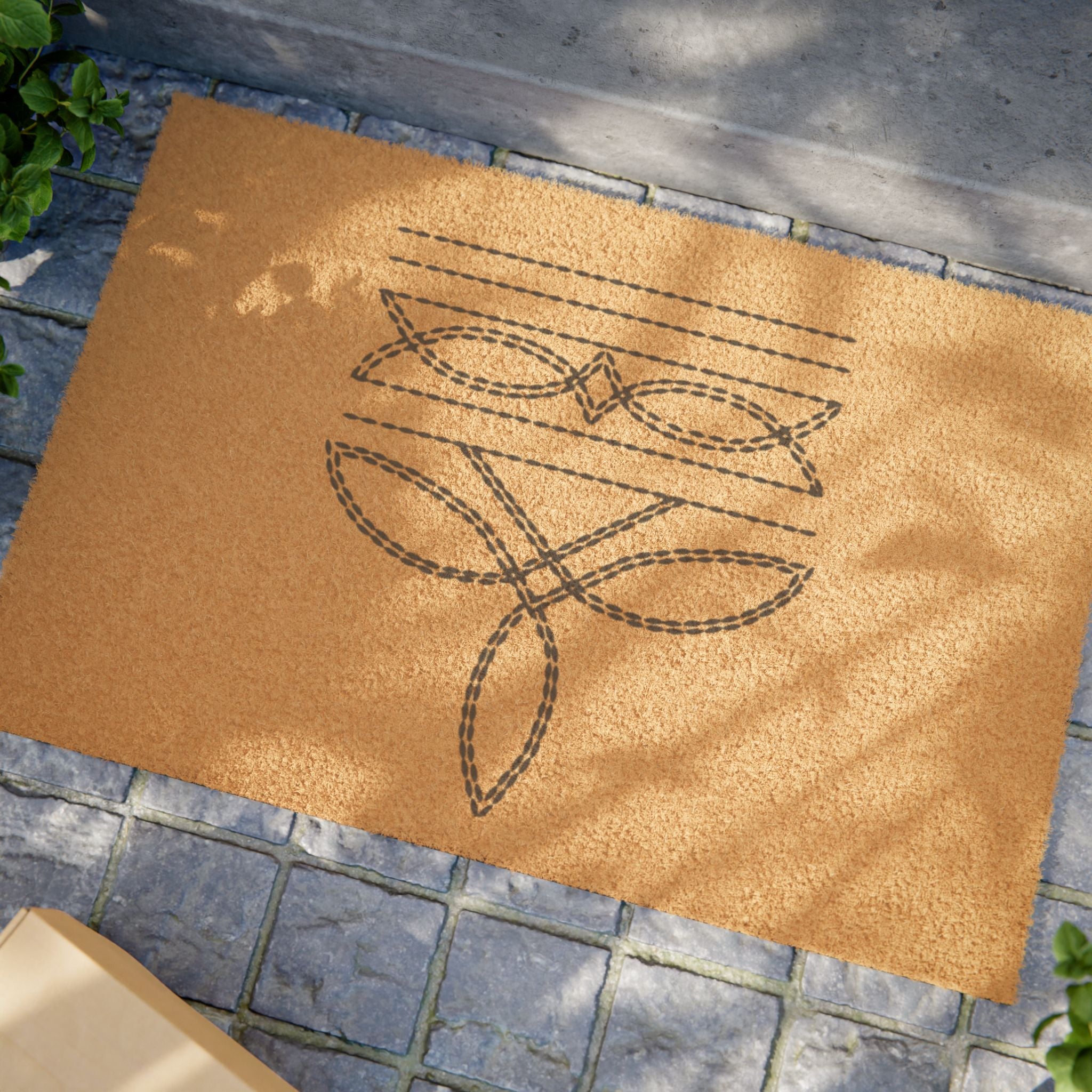 Natural Coir Doormat with Minimal Geometric Leaf Design — Durable Non-Slip Entry Rug