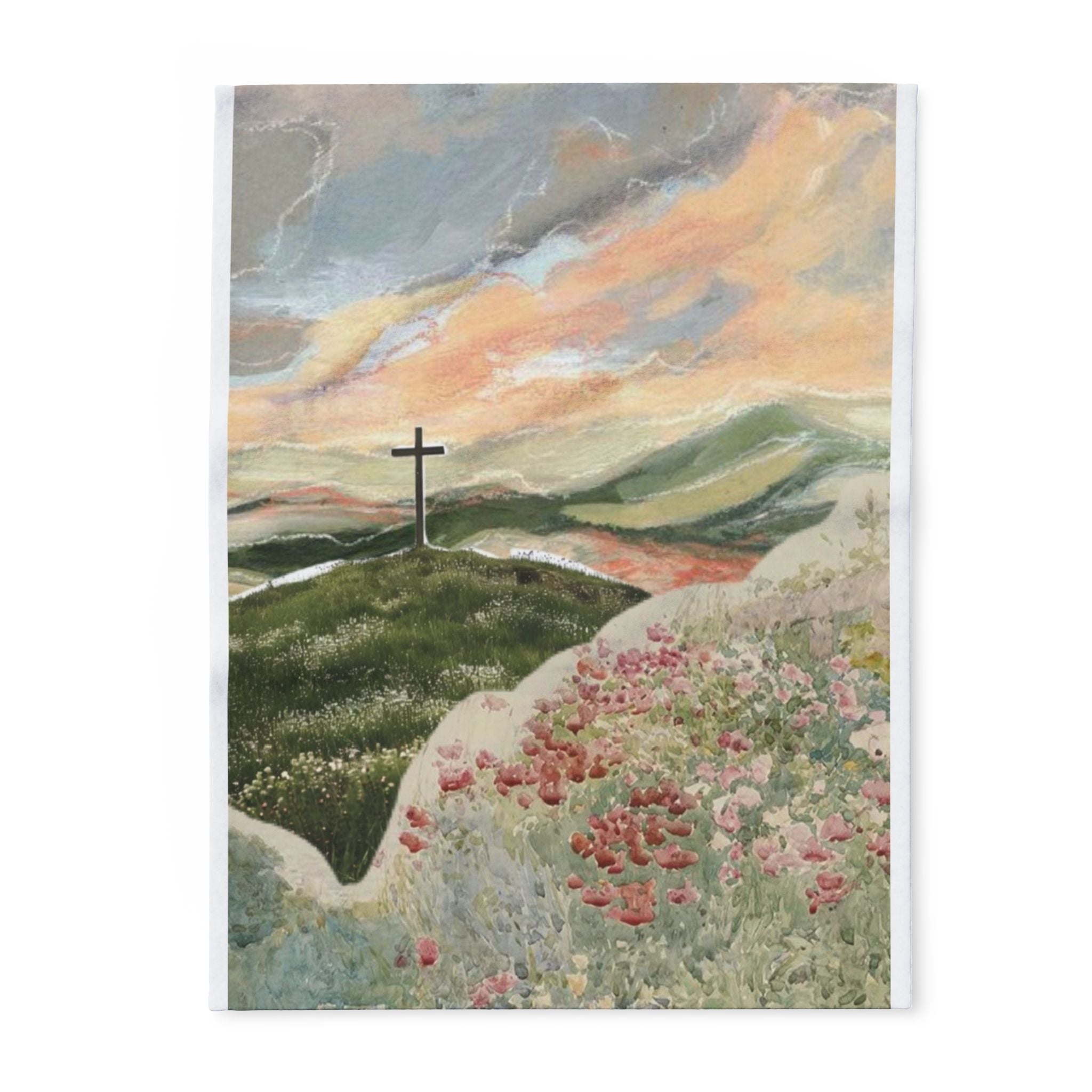 Christian Landscape Fleece Blanket — Cross on Hill Sunrise Throw
