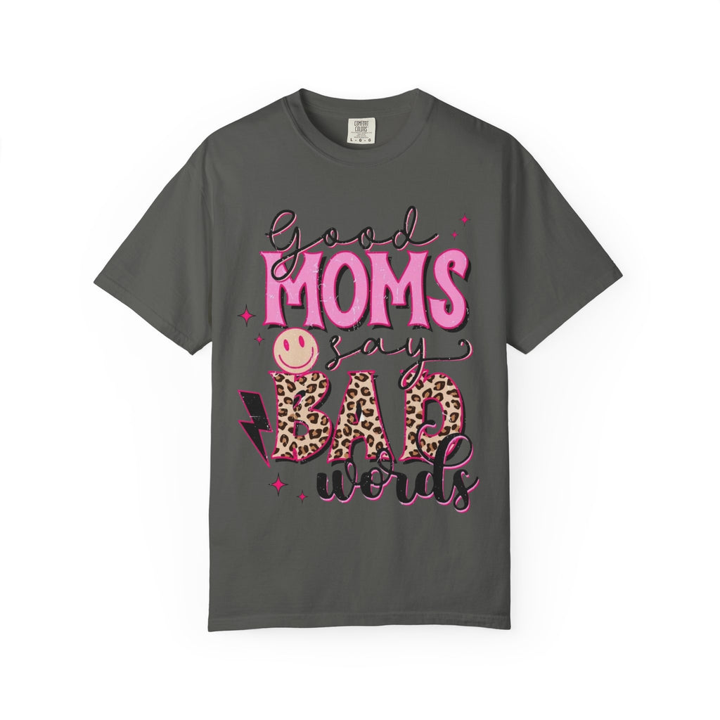Good Moms Say Bad Words T-Shirt — Funny Mom Tee with Leopard Print & Smiley Back