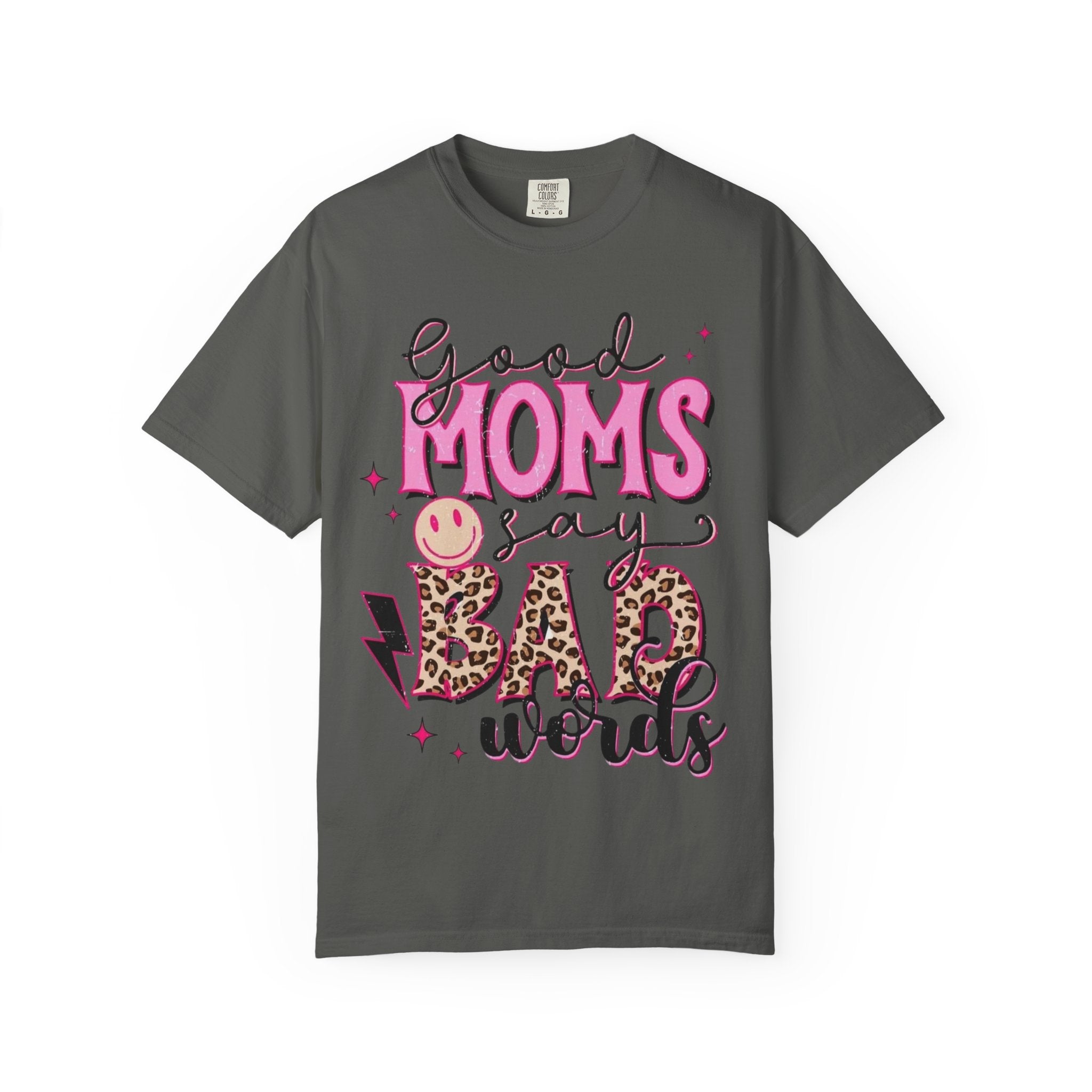 Good Moms Say Bad Words T-Shirt — Funny Mom Tee with Leopard Print & Smiley Back