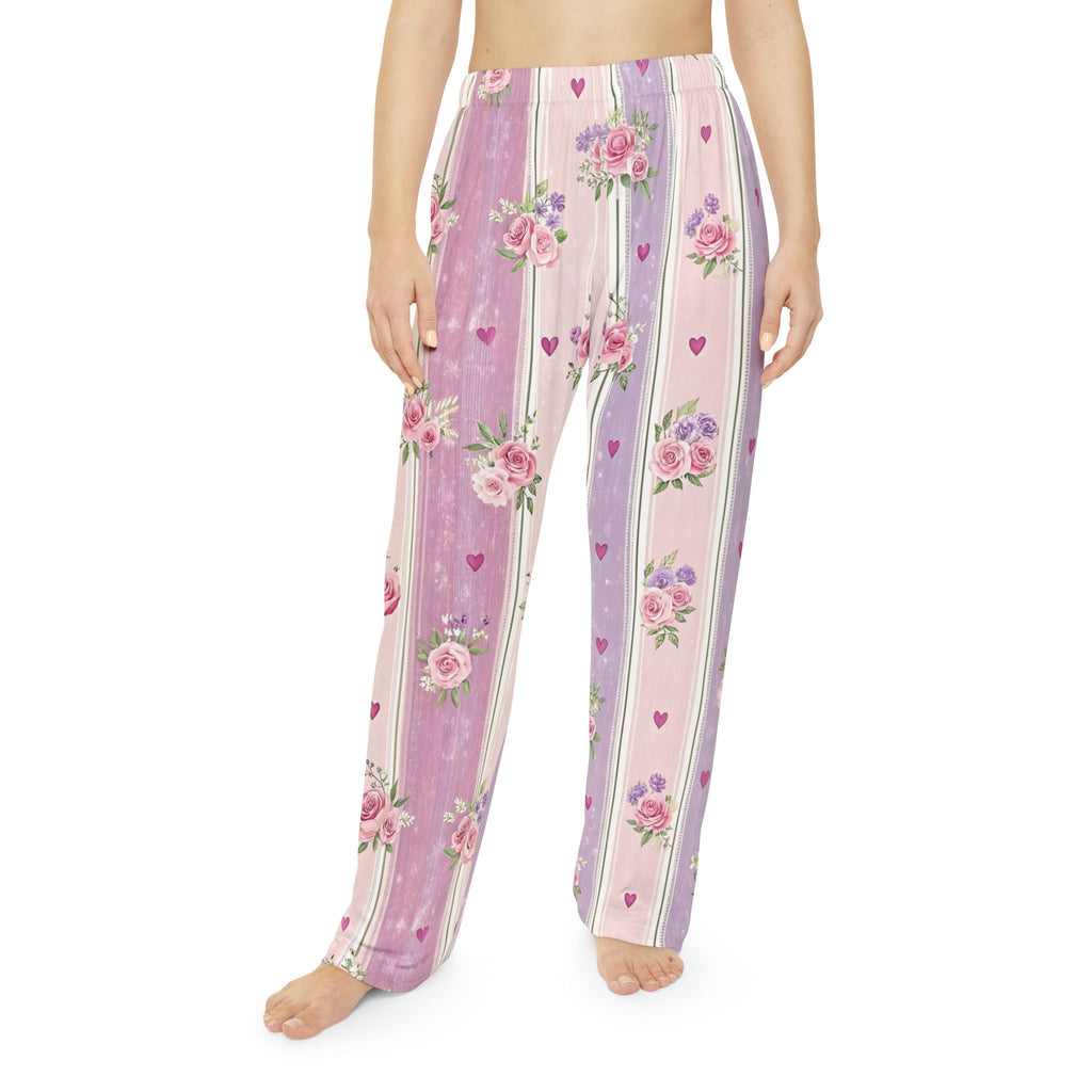 Floral Stripe Women's Pajama Pants — Pink & Lavender Rose Sleep Pants
