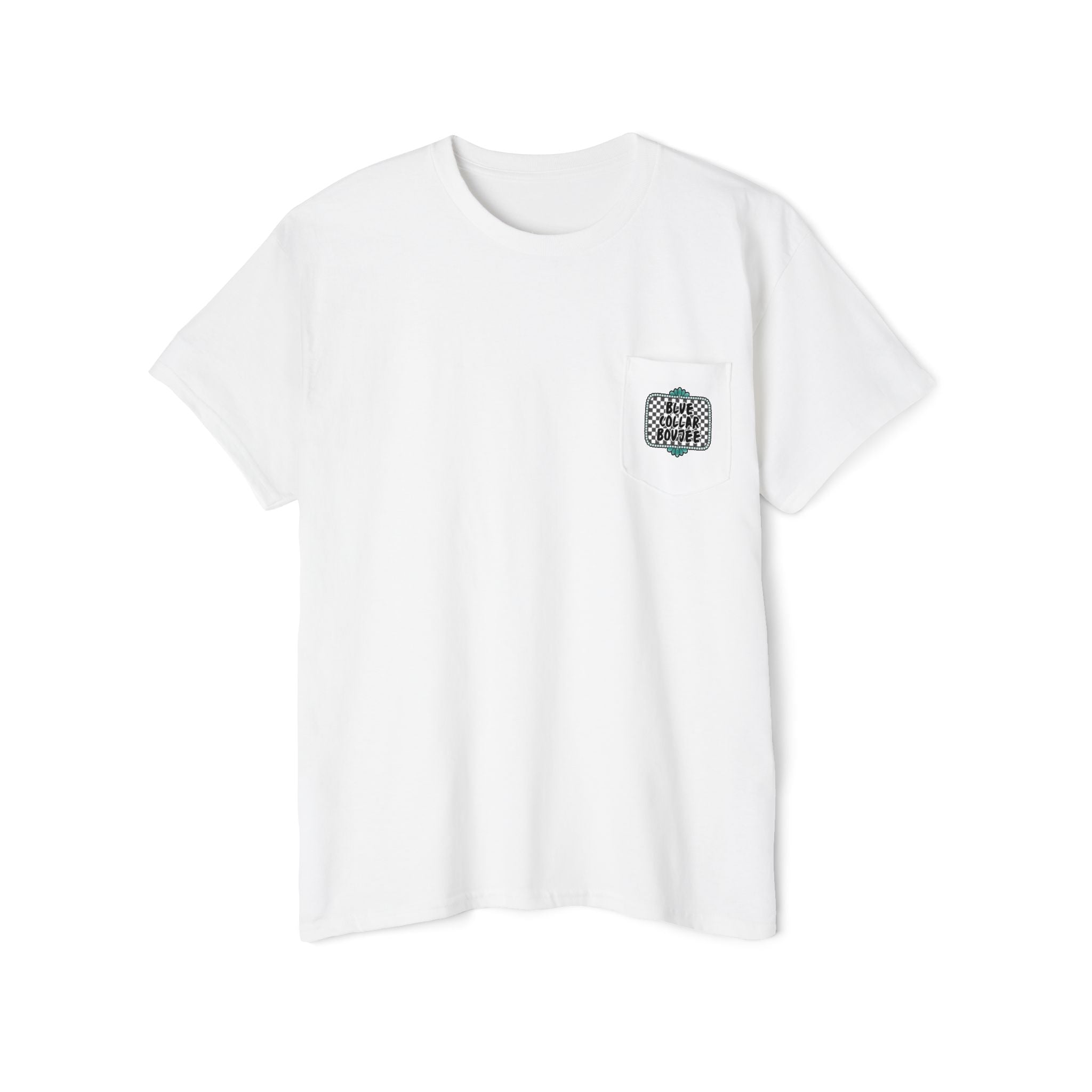 Blue Collar Boujee Pocket Tee – Checkerboard Graphic Pocket T-Shirt