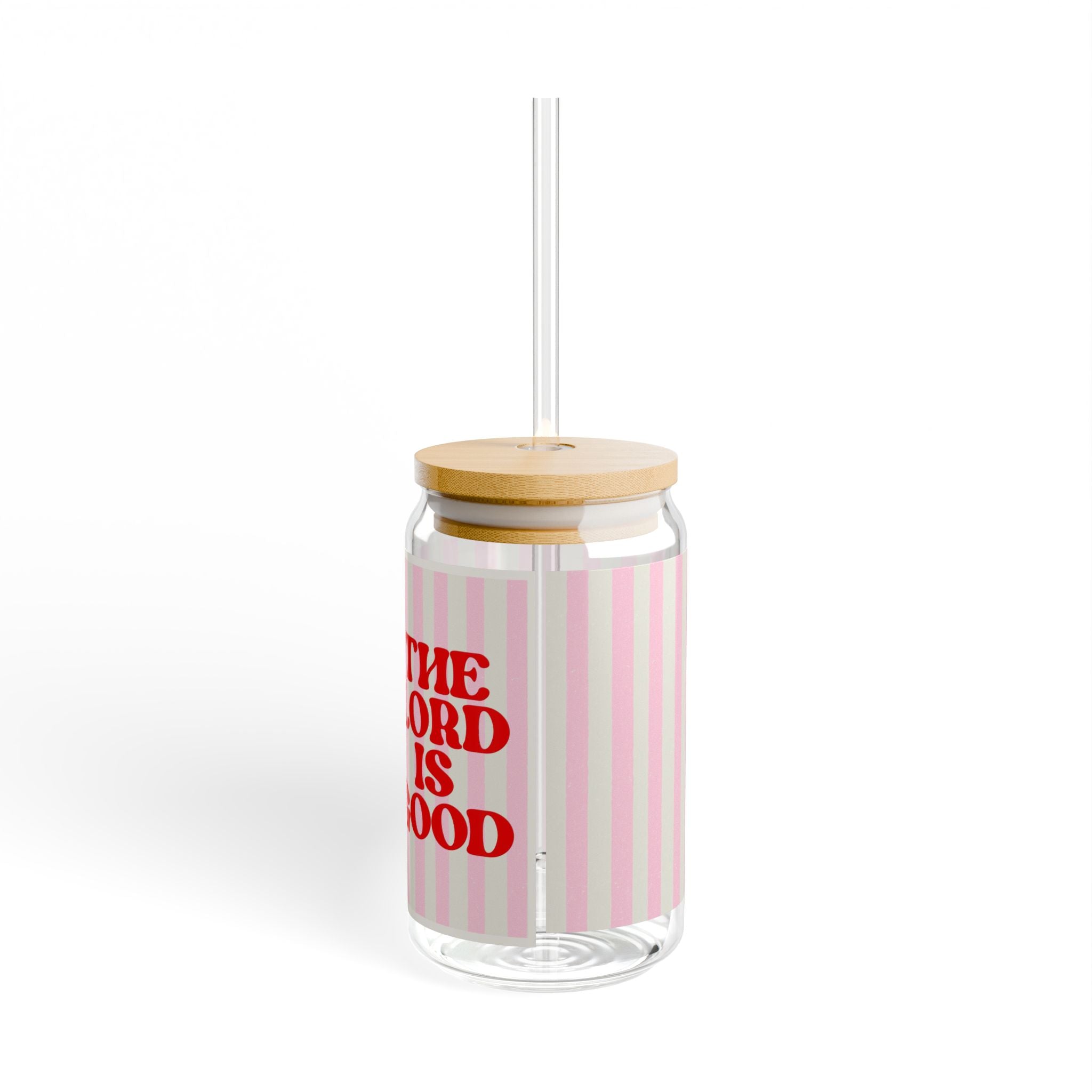 16oz Sipper Glass - 'The Lord Is Good' Pink Striped Bamboo Lid Tumbler
