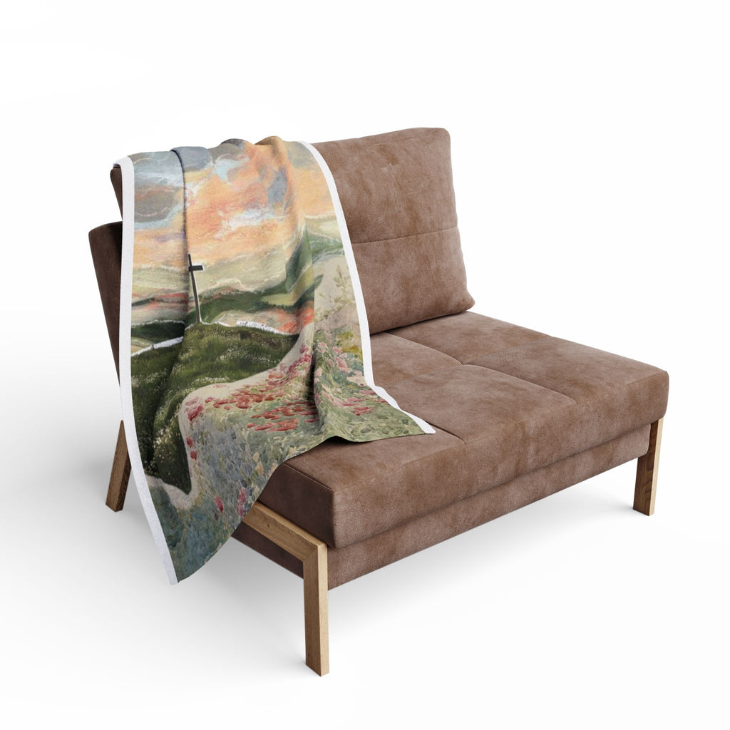 Christian Landscape Fleece Blanket — Cross on Hill Sunrise Throw