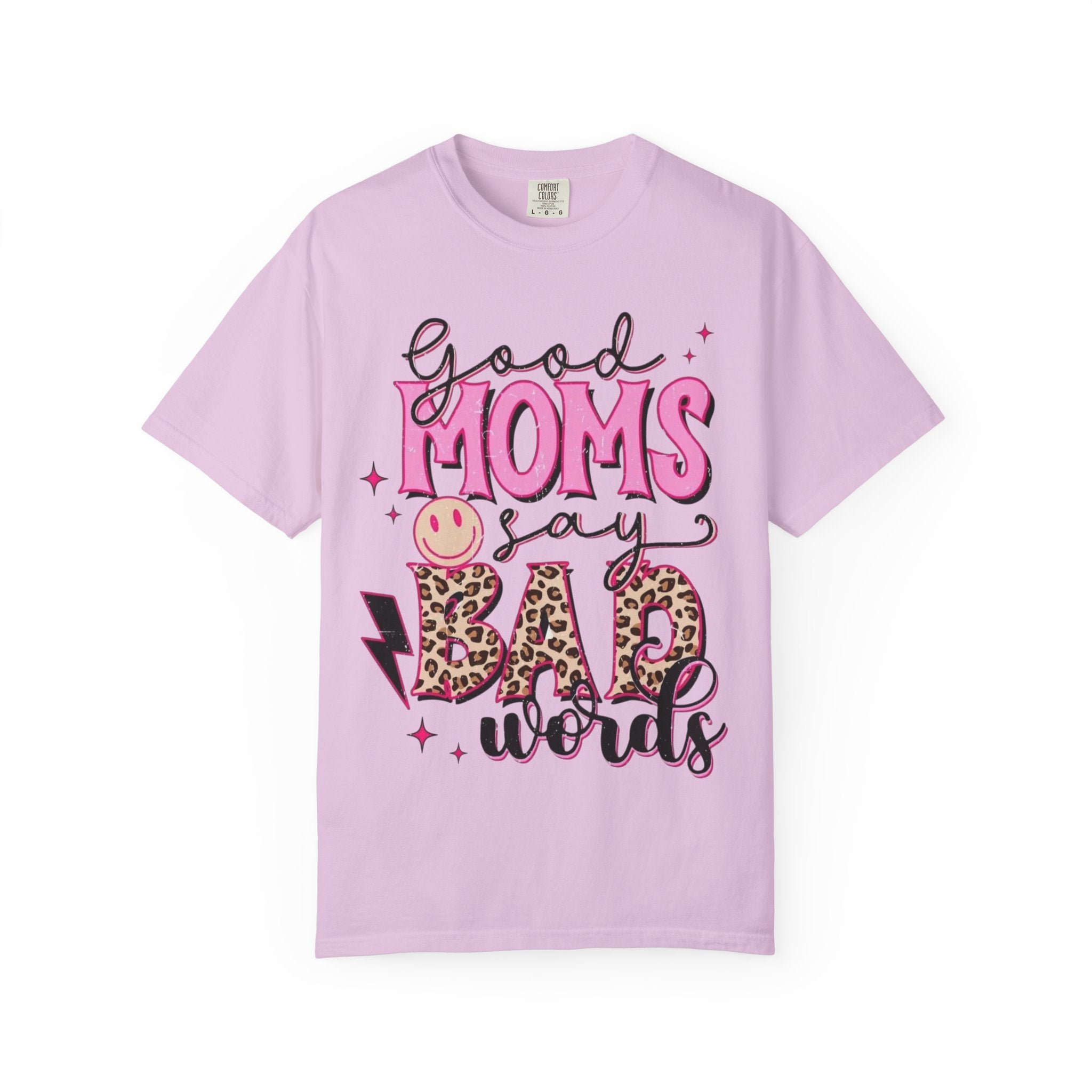 Good Moms Say Bad Words T-Shirt — Funny Mom Tee with Leopard Print & Smiley Back