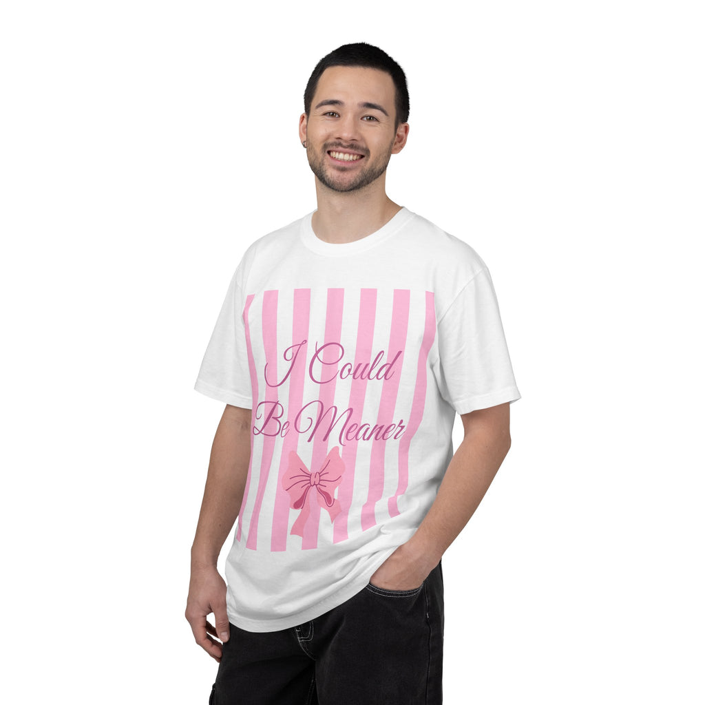 I Could Be Meaner striped bow T-Shirt | Pink script design