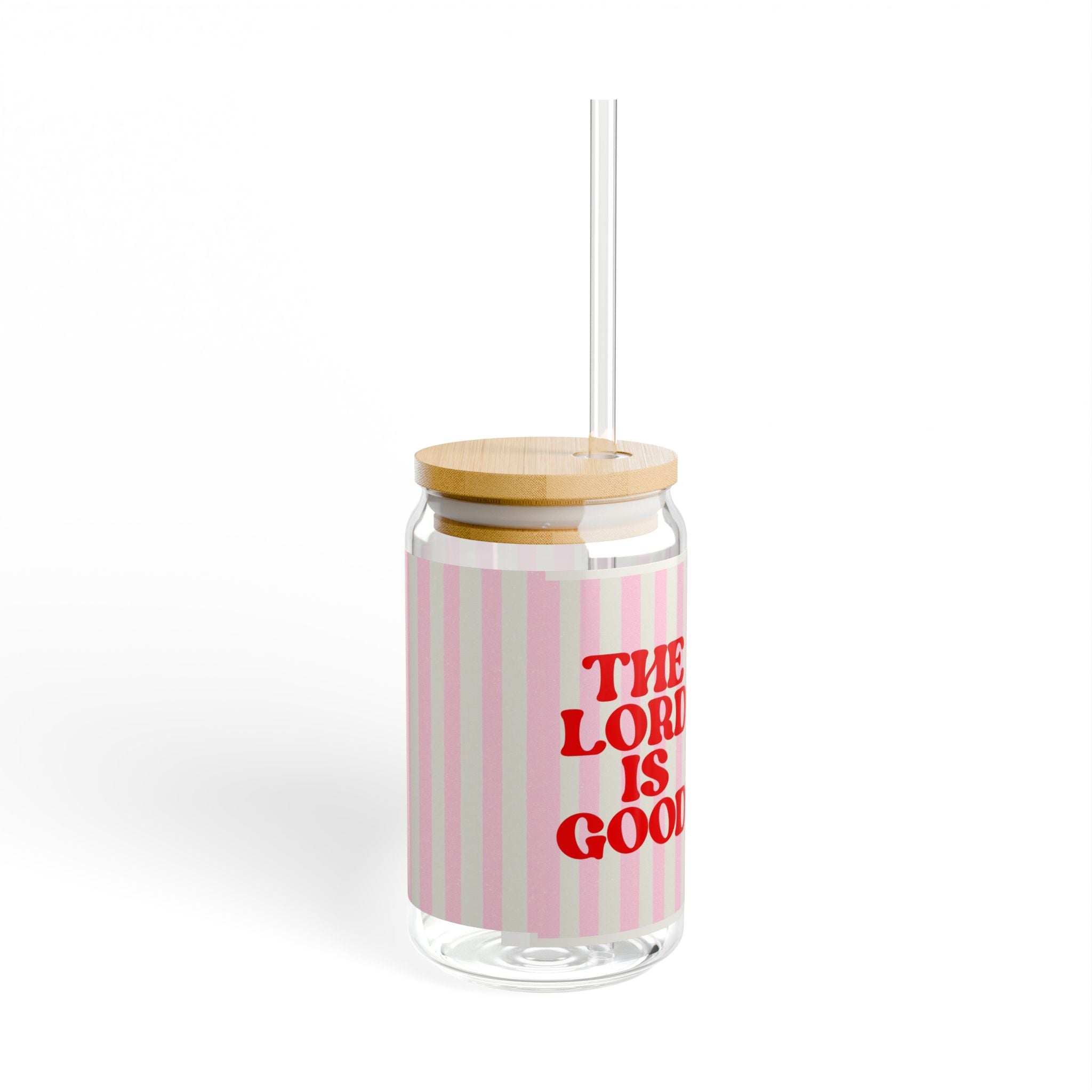 16oz Sipper Glass - 'The Lord Is Good' Pink Striped Bamboo Lid Tumbler