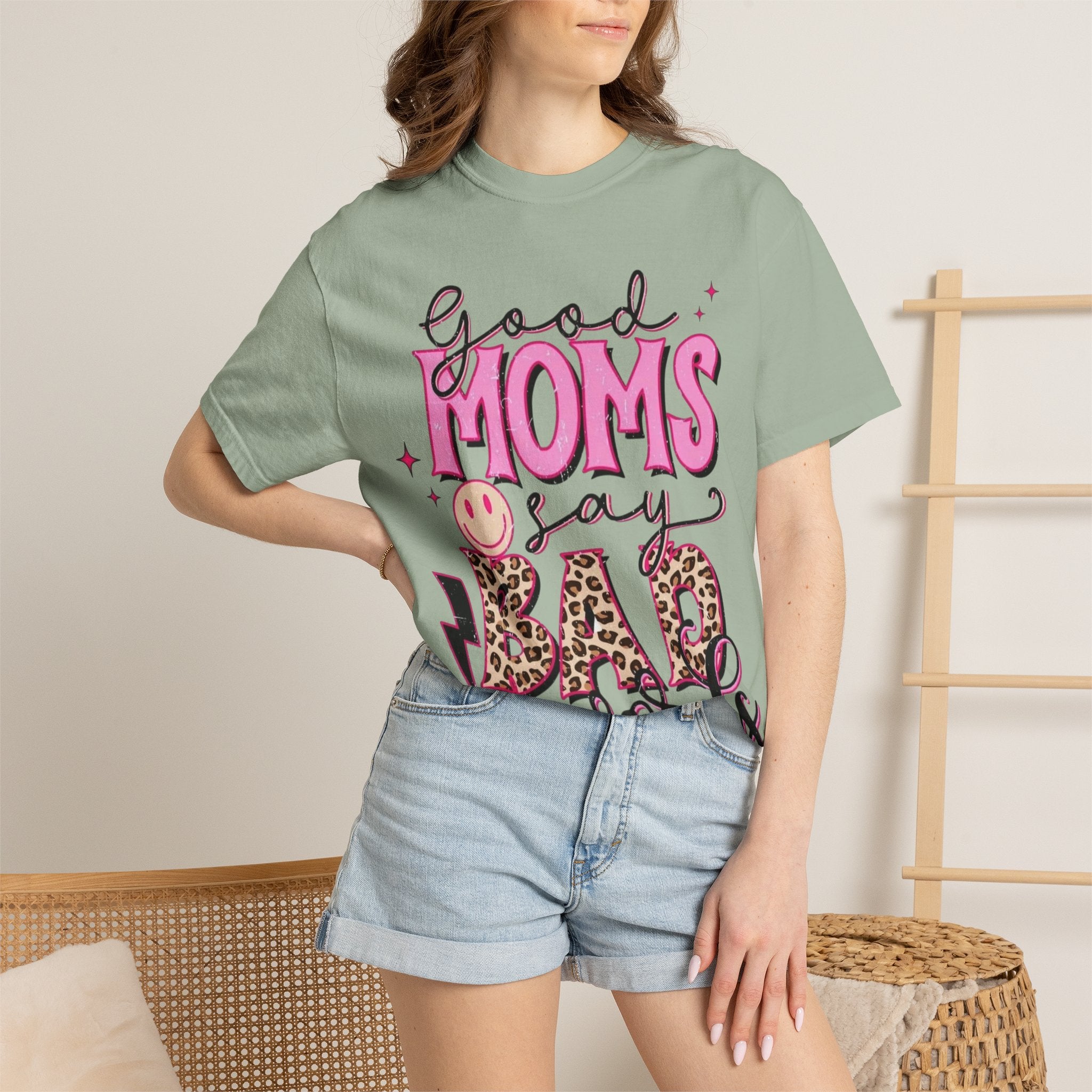 Good Moms Say Bad Words T-Shirt — Funny Mom Tee with Leopard Print & Smiley Back