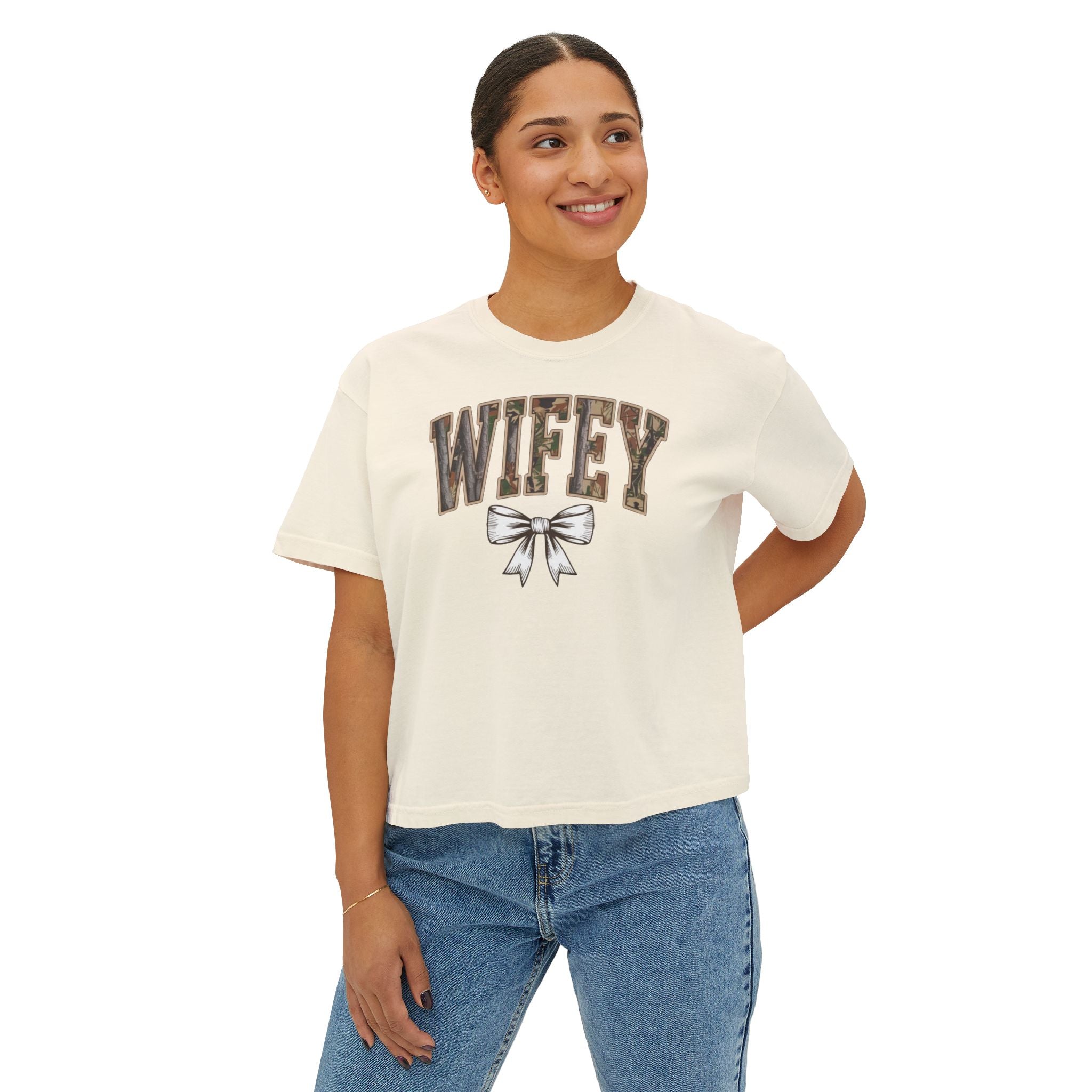 Wifey Boxy Tee — Leopard Lettering with Bow | Cute Bridal, Bachelorette & Everyday Graphic Shirt