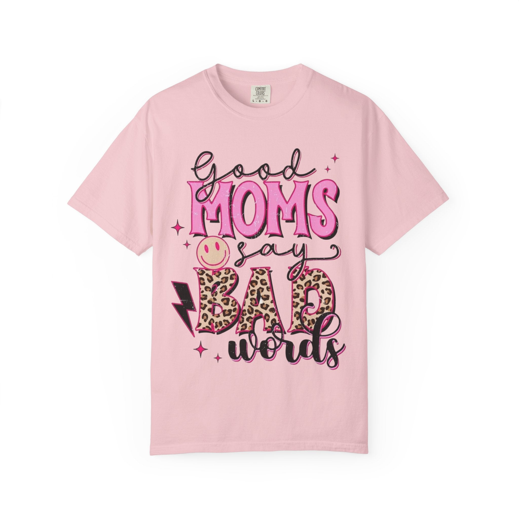 Good Moms Say Bad Words T-Shirt — Funny Mom Tee with Leopard Print & Smiley Back