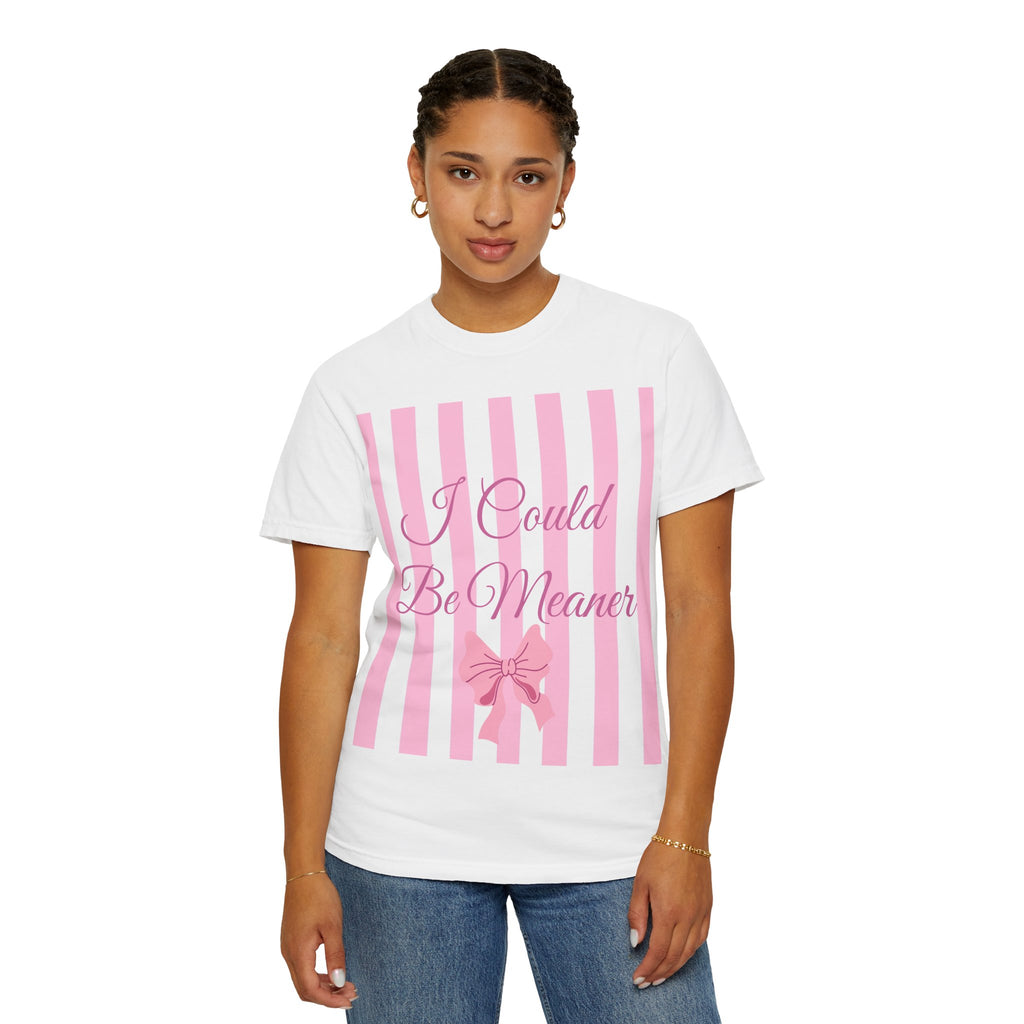 I Could Be Meaner striped bow T-Shirt | Pink script design