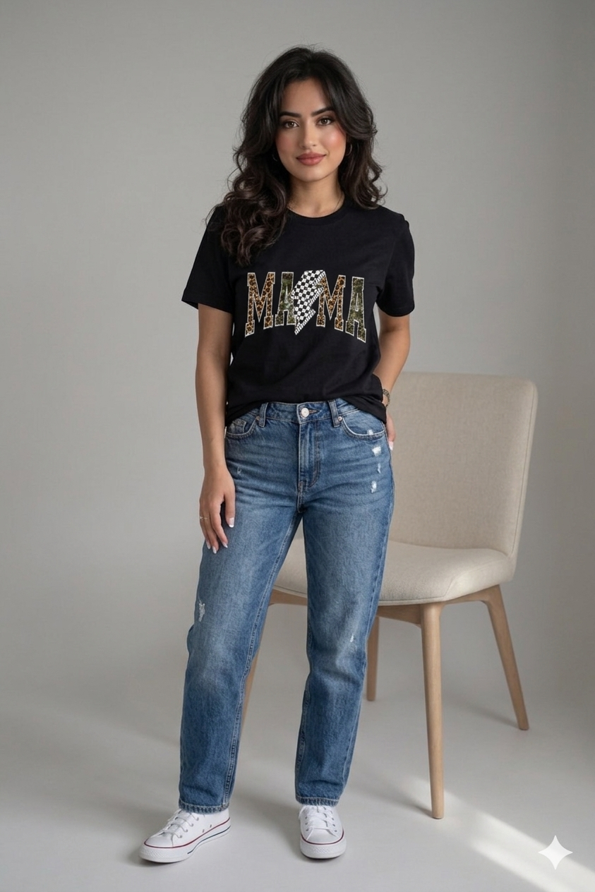 Mama T-Shirt — Leopard & Checkerboard Graphic Cotton Tee