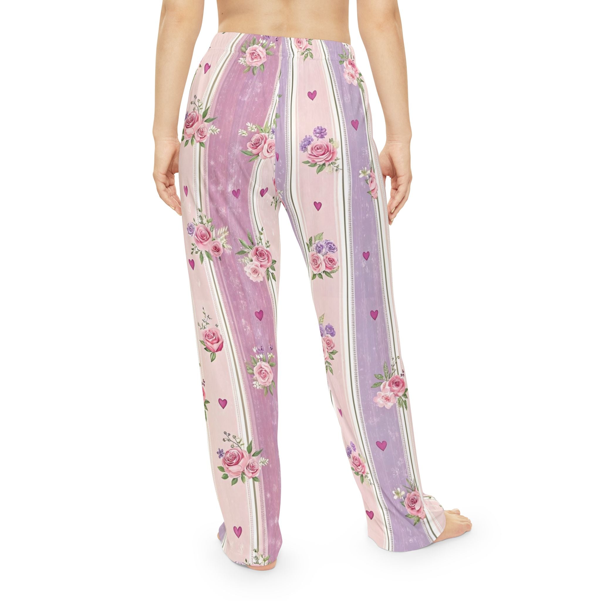 Floral Stripe Women's Pajama Pants — Pink & Lavender Rose Sleep Pants